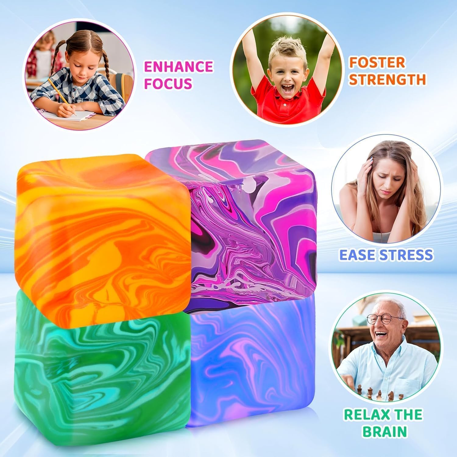 4Pcs Needoh-Nice Squishy Cube. Ice Cube Stress Relief Fidget Toys. Squeeze Doh Cube Squishy Fidget Toys for Kids Adults. Sensory Stress Balls for Autism Anxiety Relief (small) - Image 3