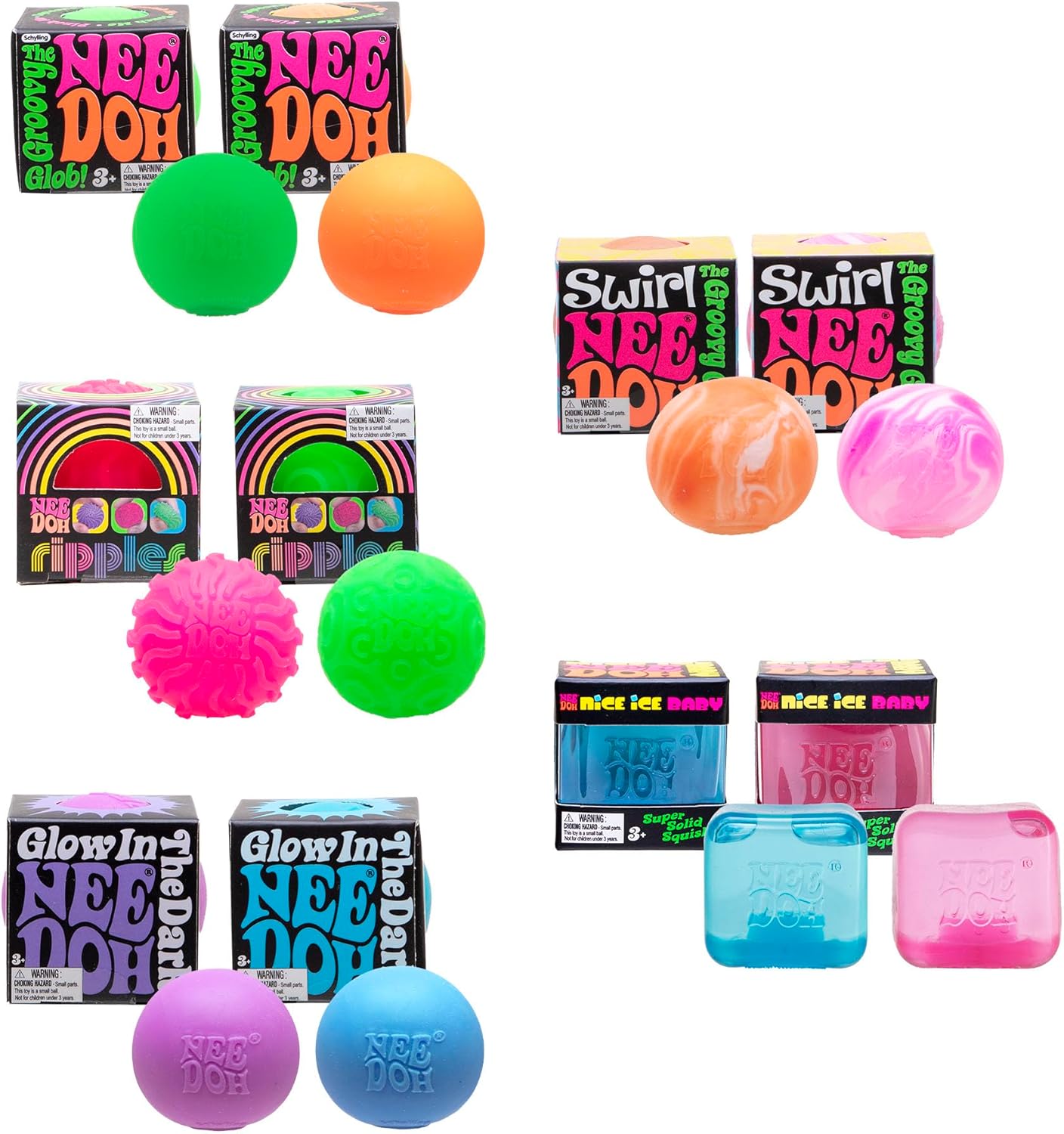 NeeDoh Teenie 10-Pack - 5 Styles of Teenie Squishies- Nice Ice Baby. Original. Swirl. Ripples. Glow - Ages 3 and Up - 10 Teenies Per Pack